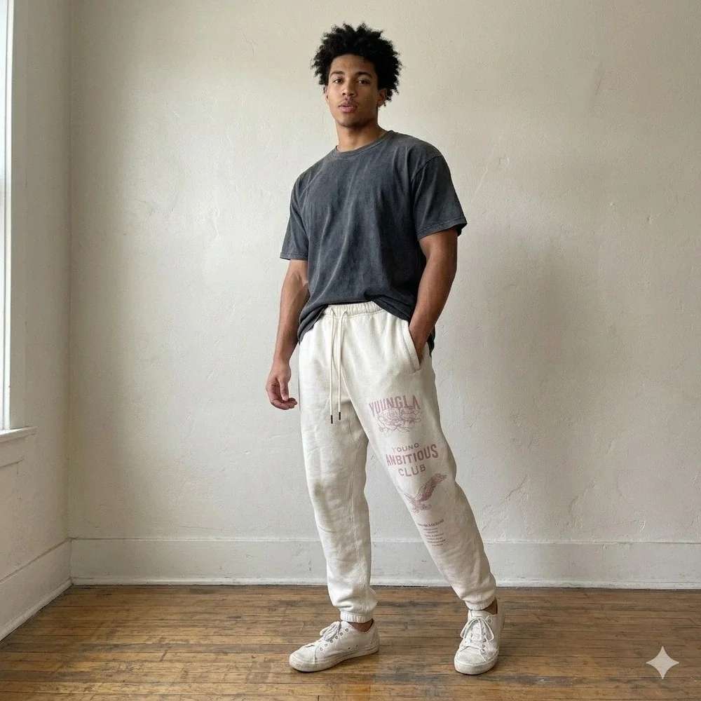 YoungLA Young Ambitious Club Pants Mens Medium Cream Graphic Joggers‎ Gymwear
